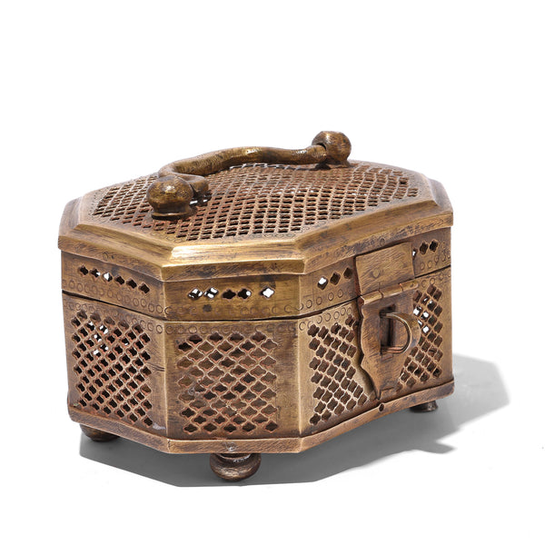 Octagonal Brass Jali Betel Box From Rajasthan - Early 20th Century