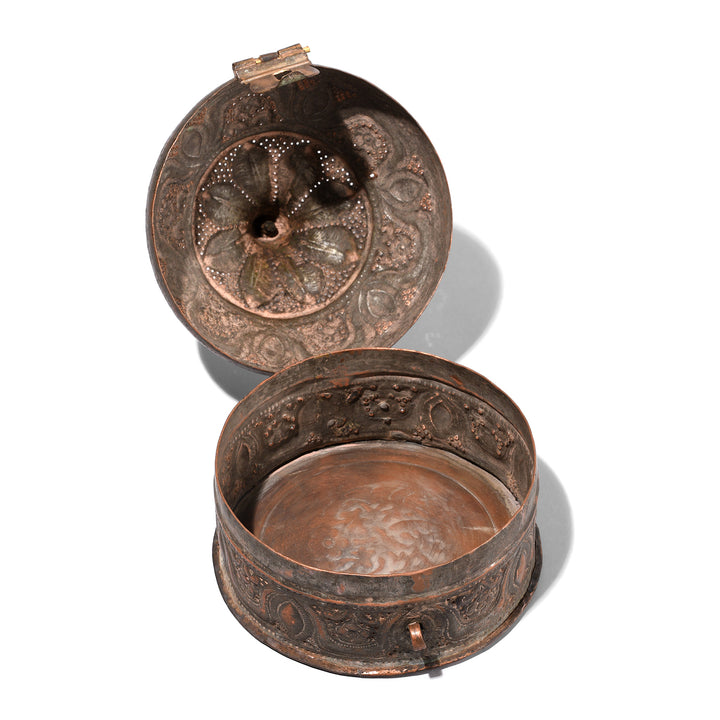 Open Lid View Of Antique Indian Islamic Style Copper Paan Box Paandan From Kashmir | Indigo Antiques