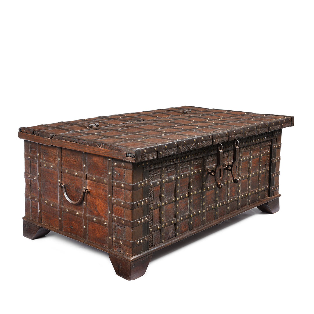 Angled View Of Antique Iron Bound Indian Chest From Gujarat - 19thC | Indigo Antiques
