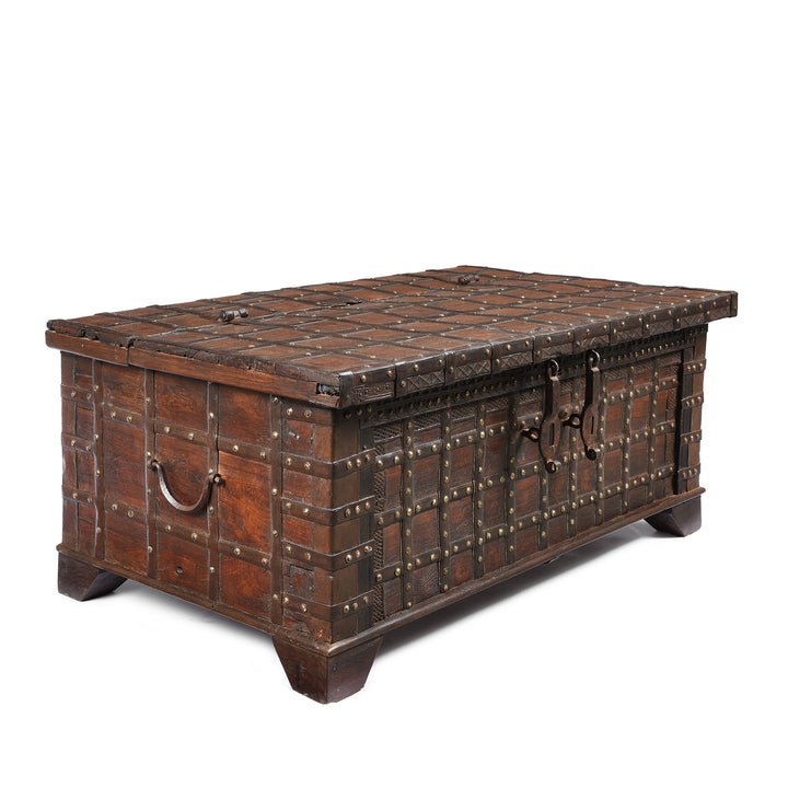 Angled View Of Antique Iron Bound Indian Chest From Gujarat - 19thC | Indigo Antiques