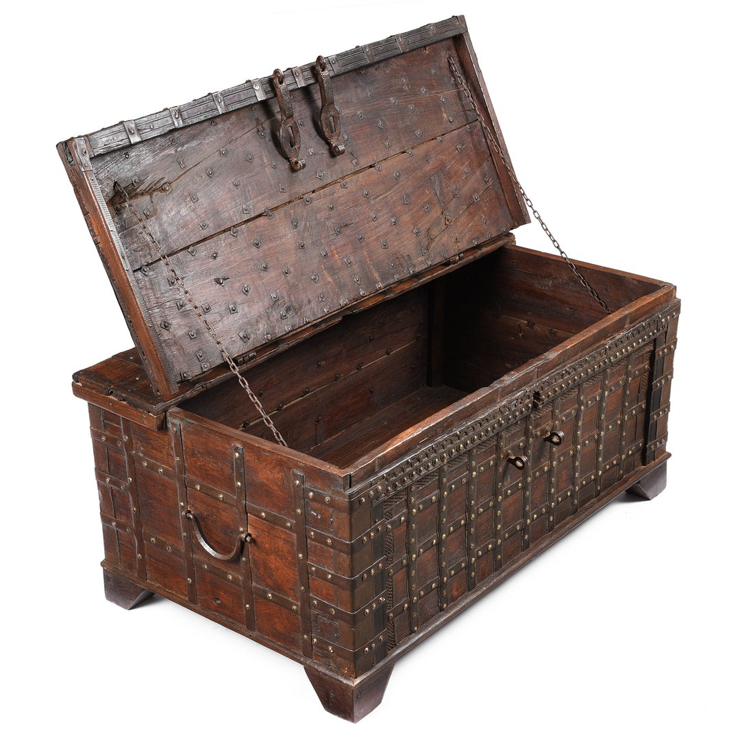 Lid Open View Of Antique Iron Bound Indian Chest From Gujarat - 19thC | Indigo Antiques