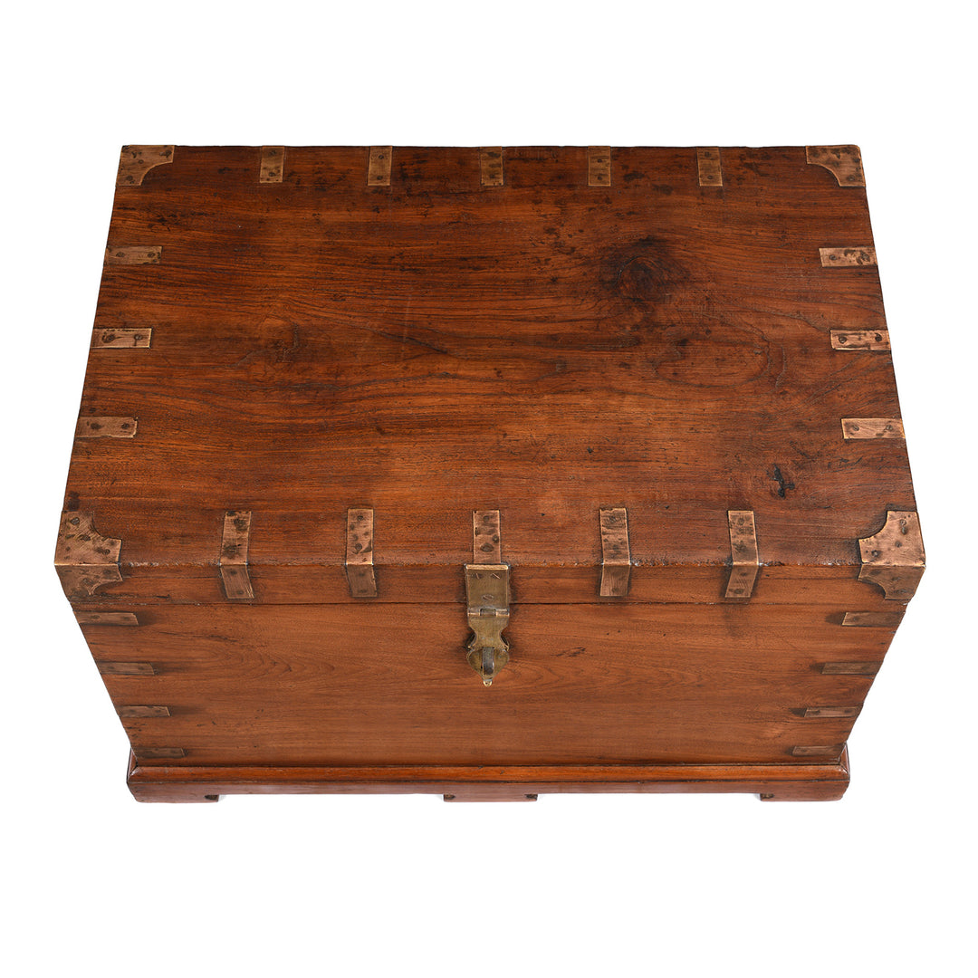 Top Down View Of Antique Brass Bound Teak Indian Military Chest From Rajasthan -19th Century | Indigo Antiques