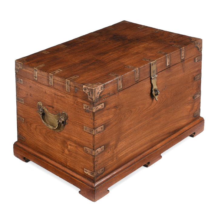 Angled View Of Antique Brass Bound Teak Indian Military Chest From Rajasthan -19th Century | Indigo Antiques