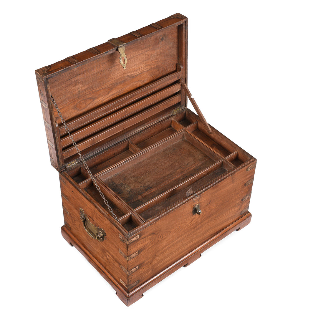 Open Lid View of Antique Brass Bound Teak Indian Military Chest From Rajasthan -19th Century | Indigo Antiques