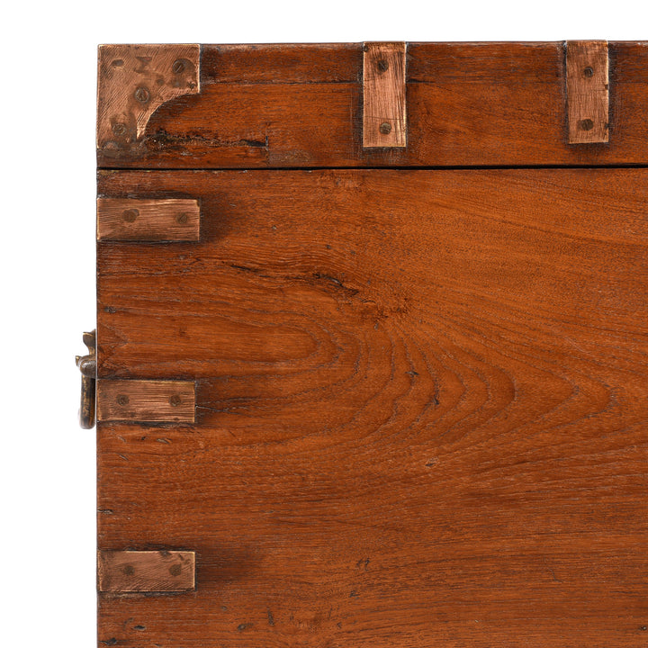 Corner Detail From Antique Brass Bound Teak Indian Military Chest From Rajasthan -19th Century | Indigo Antiques