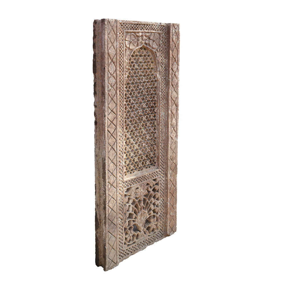 Angled View Of Old Carved Indian Stone Jali Panel From Rajasthan - 19thC | Indigo Antiques