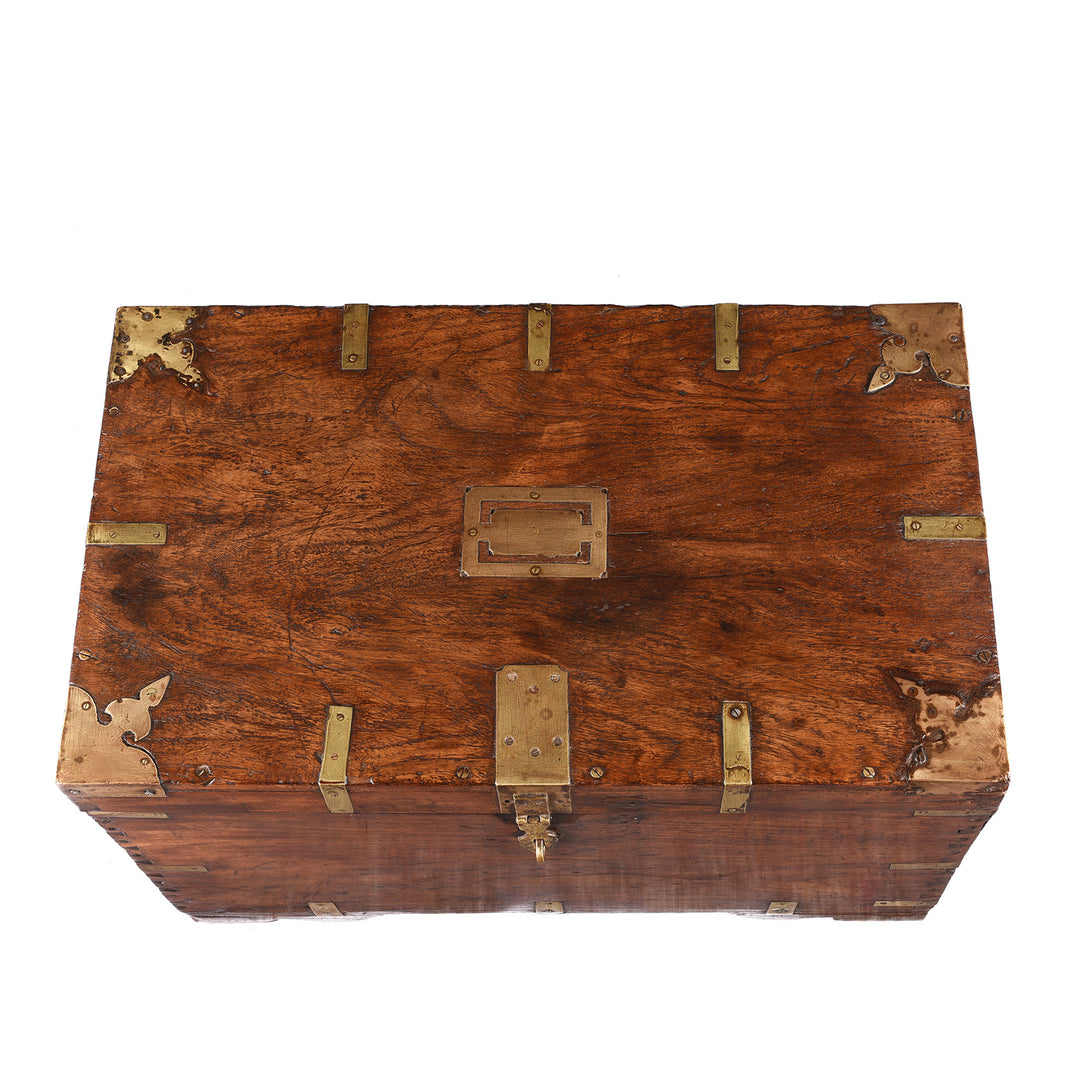 Lid Detail From Antique Brass Bound Teak Indian Military Chest From Rajasthan -19th Century | Indigo Antiques