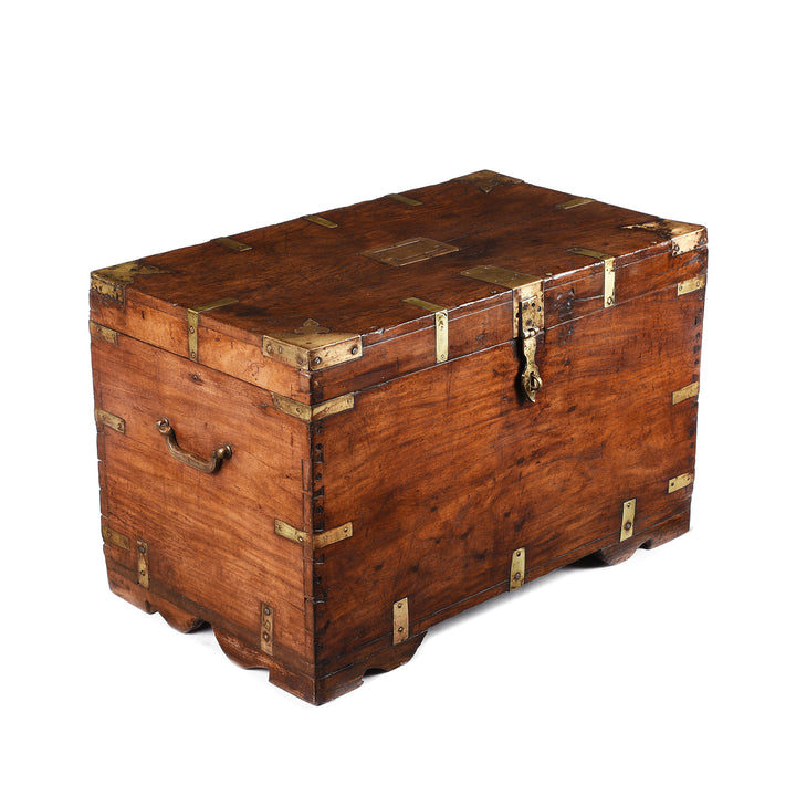 Angled View Of Antique Brass Bound Teak Indian Military Chest From Rajasthan -19th Century | Indigo Antiques