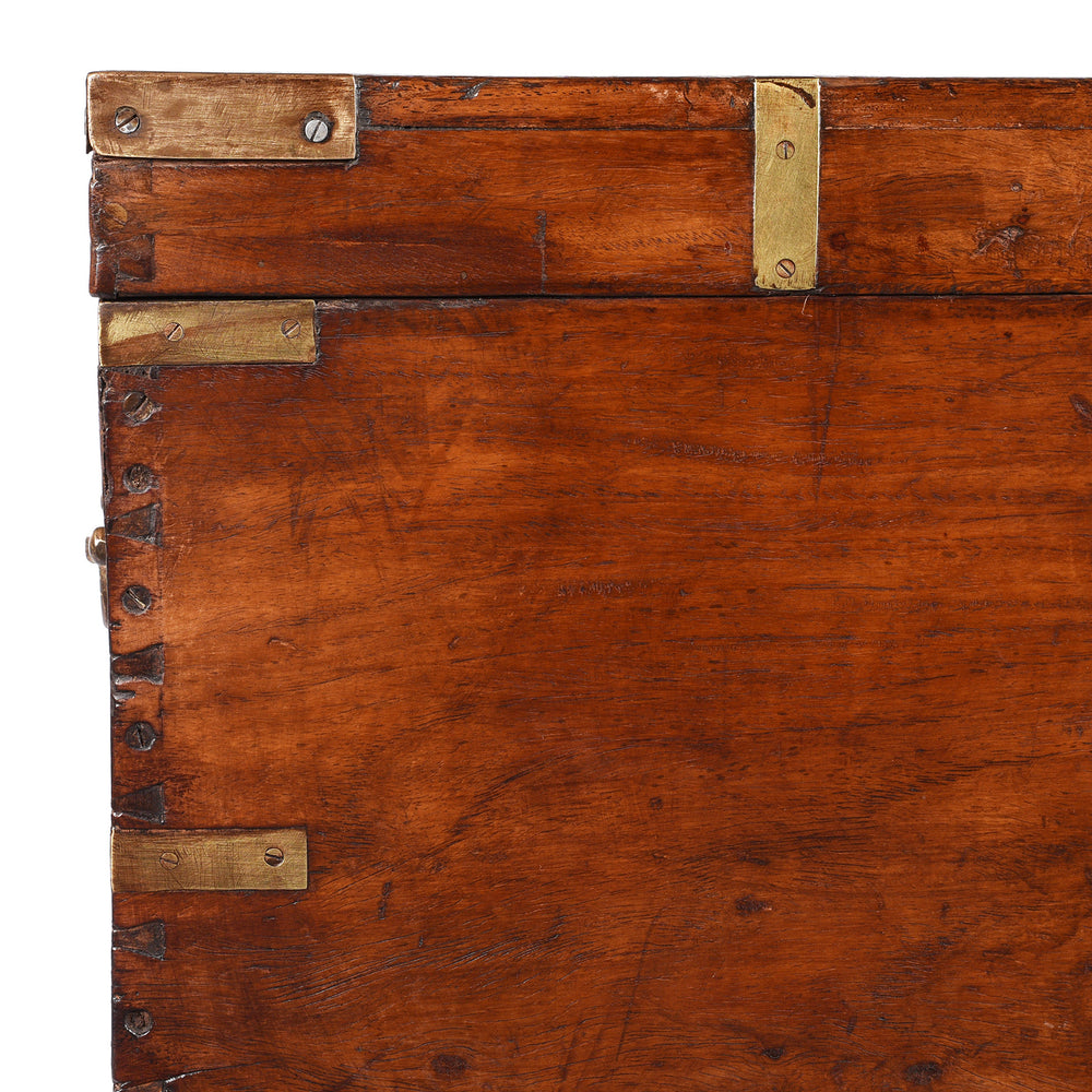COrner Detail From Antique Brass Bound Teak Indian Military Chest From Rajasthan -19th Century | Indigo Antiques