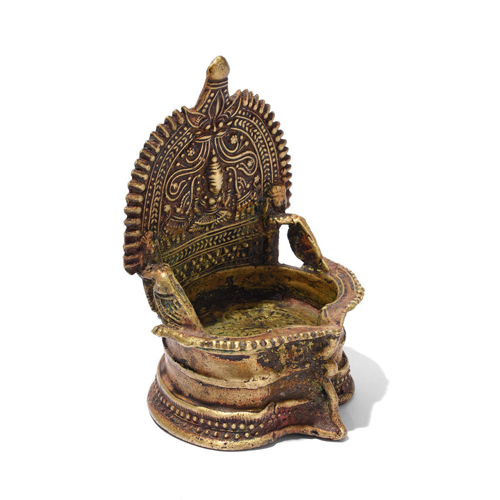 Angled View Of Antique Bronze Deepa Lakshmi Votive Lamp From Tamil Nadu - 19th Century | INDIGO ANTIQUES