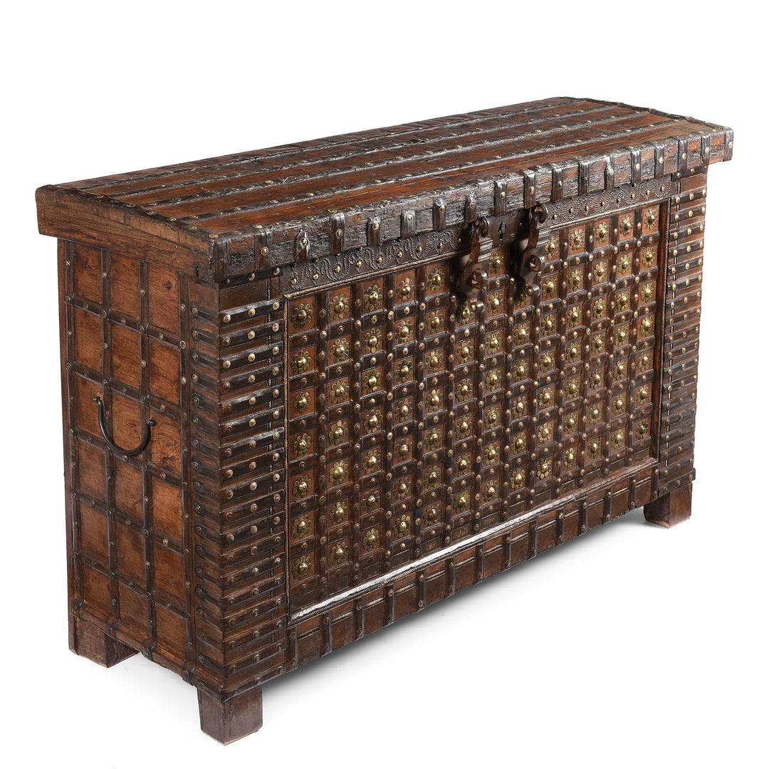 Angled View Of Antique Brass Bound Indian 'Pithara' Chest From Gujarat - 18th Century | Indigo Antiques