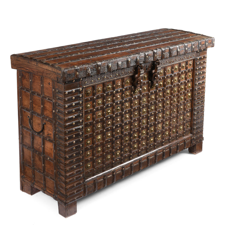 Angled View Of Antique Brass Bound Indian 'Pithara' Chest From Gujarat - 18th Century | Indigo Antiques