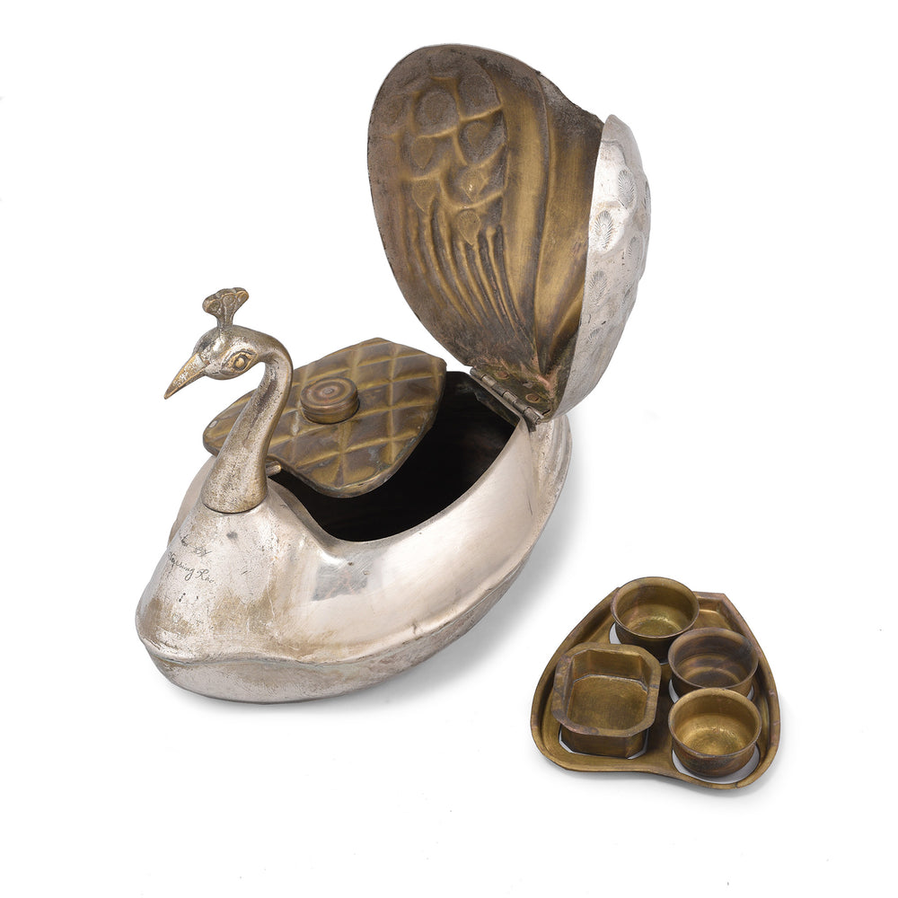 Open View Of Vintage Peacock Shaped Betelnut Box - Ca 1950 | Indigo Antiques