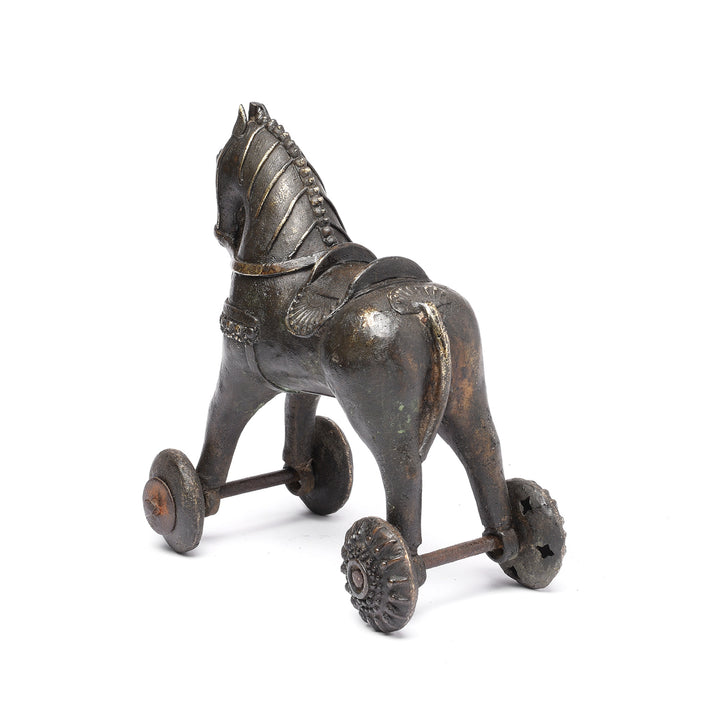Angled View Of Antique Bronze Horse Wheel Toy From Bundelkhand - 19thC