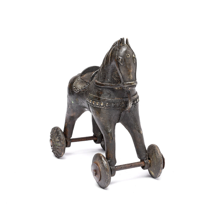 Angled View Of Antique Bronze Horse Wheel Toy From Bundelkhand - 19thC
