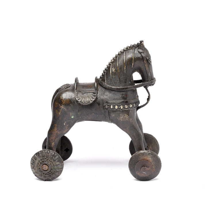 Antique Bronze Horse Wheel Toy From Bundelkhand - 19thC
