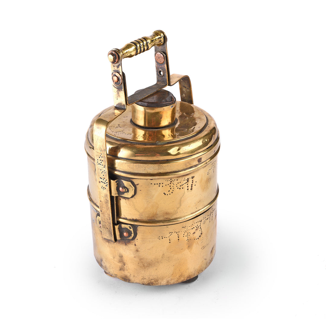 Angled VIew Of 2 Tier Indian Vintage Brass Tiffin Box Set - Ca 1930 | Indigo Antiques