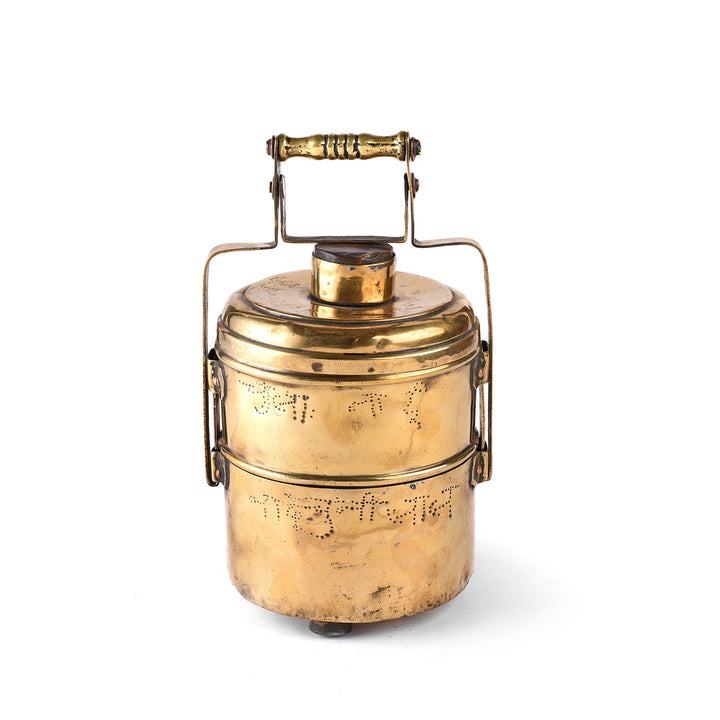 2 Tier Indian Vintage Brass Tiffin Box Set - Ca 1930 | Indigo Antiques