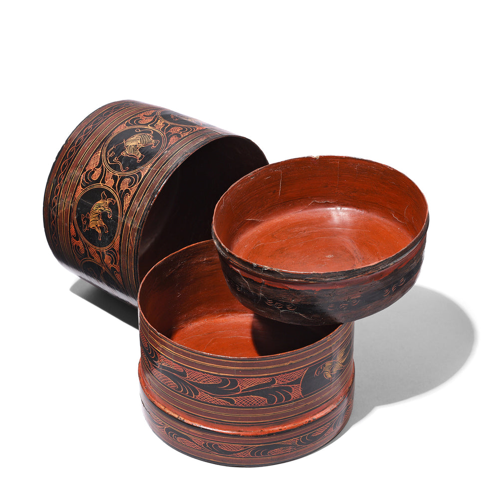 Open View Of Antique Burmese Black Lacquered Tiffin Box - Ca 1920 | Indigo Antiques