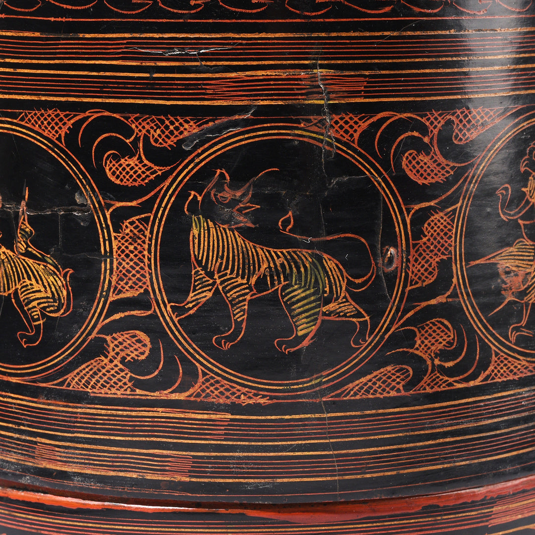 Animal Detail From Antique Burmese Black Lacquered Tiffin Box - Ca 1920 | Indigo Antiques
