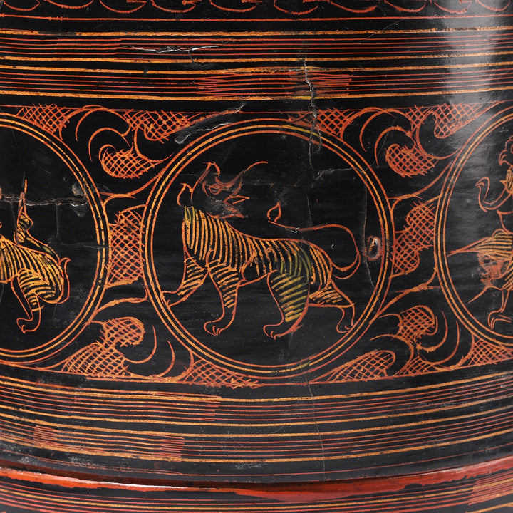 Animal Detail From Antique Burmese Black Lacquered Tiffin Box - Ca 1920 | Indigo Antiques
