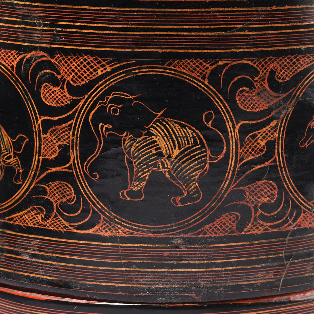 Animal Detail From Antique Burmese Black Lacquered Tiffin Box - Ca 1920 | Indigo Antiques