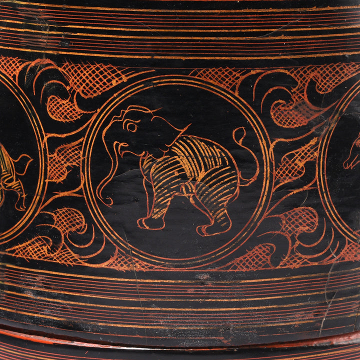 Animal Detail From Antique Burmese Black Lacquered Tiffin Box - Ca 1920 | Indigo Antiques