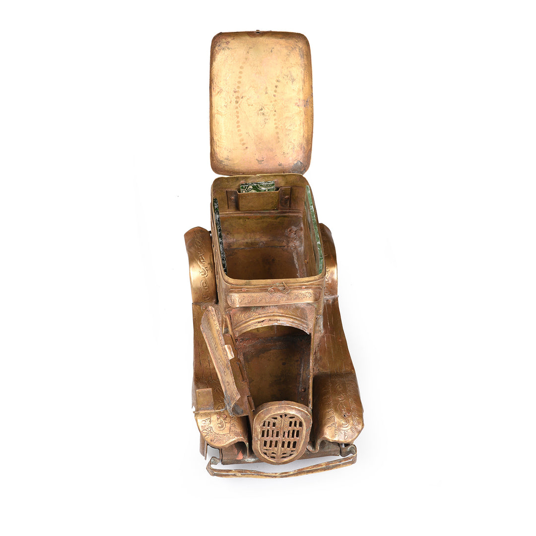 Open Lid View Of Vintage Brass Car Paan Box - Ca 1910 | Indigo Antiques