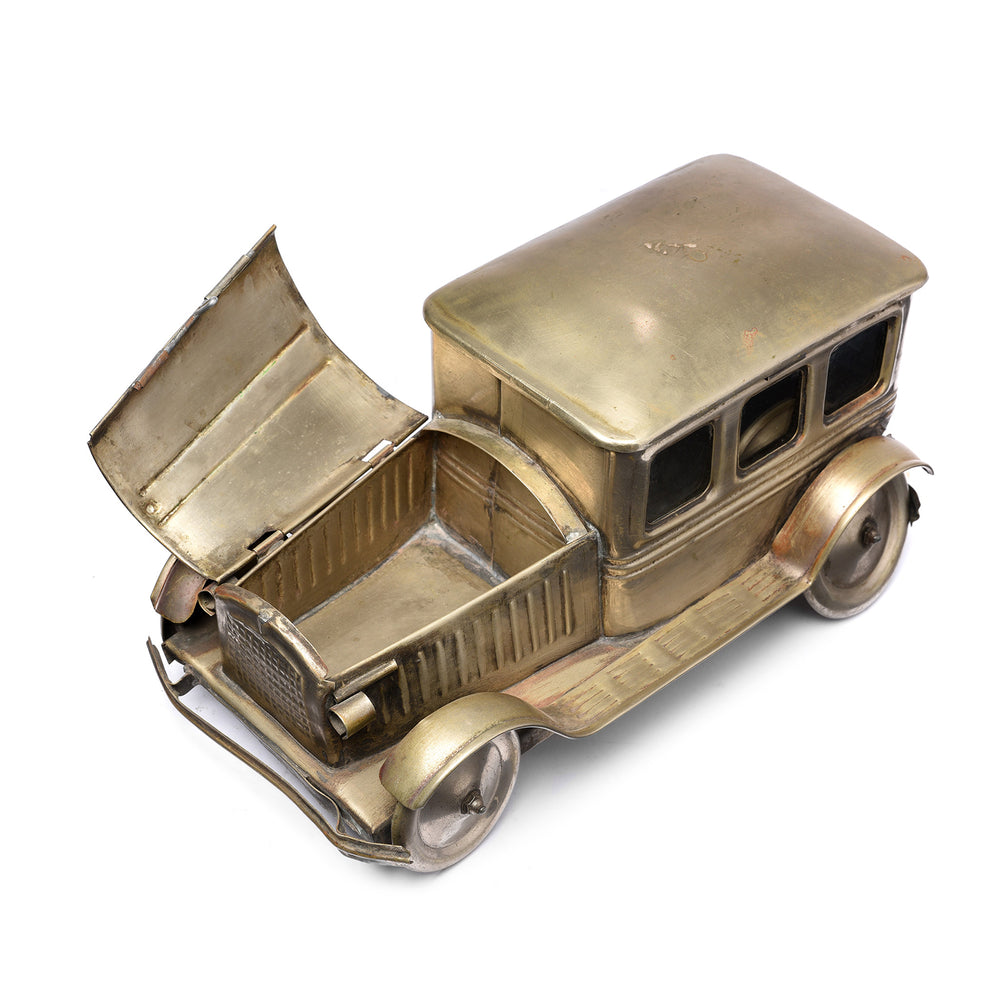Open Lid View Of Vintage Brass Chevrolet Paan Box - Ca 1930 | Indigo Antiques