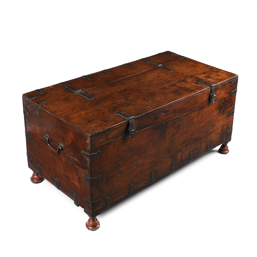 Angled View Of Antique Carved Roheda Wood Dowry Chest From Rajasthan - 19th Century | Indigo Antiques