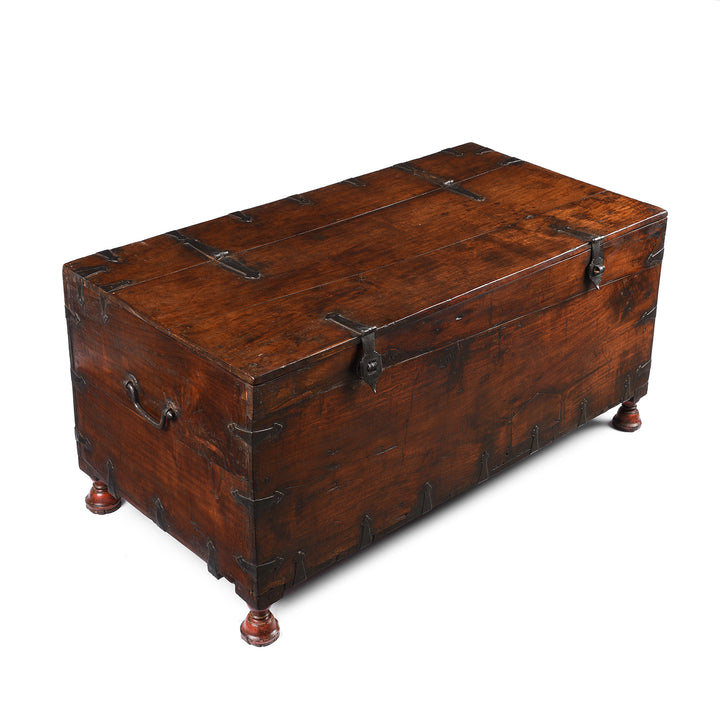 Angled View Of Antique Carved Roheda Wood Dowry Chest From Rajasthan - 19th Century | Indigo Antiques