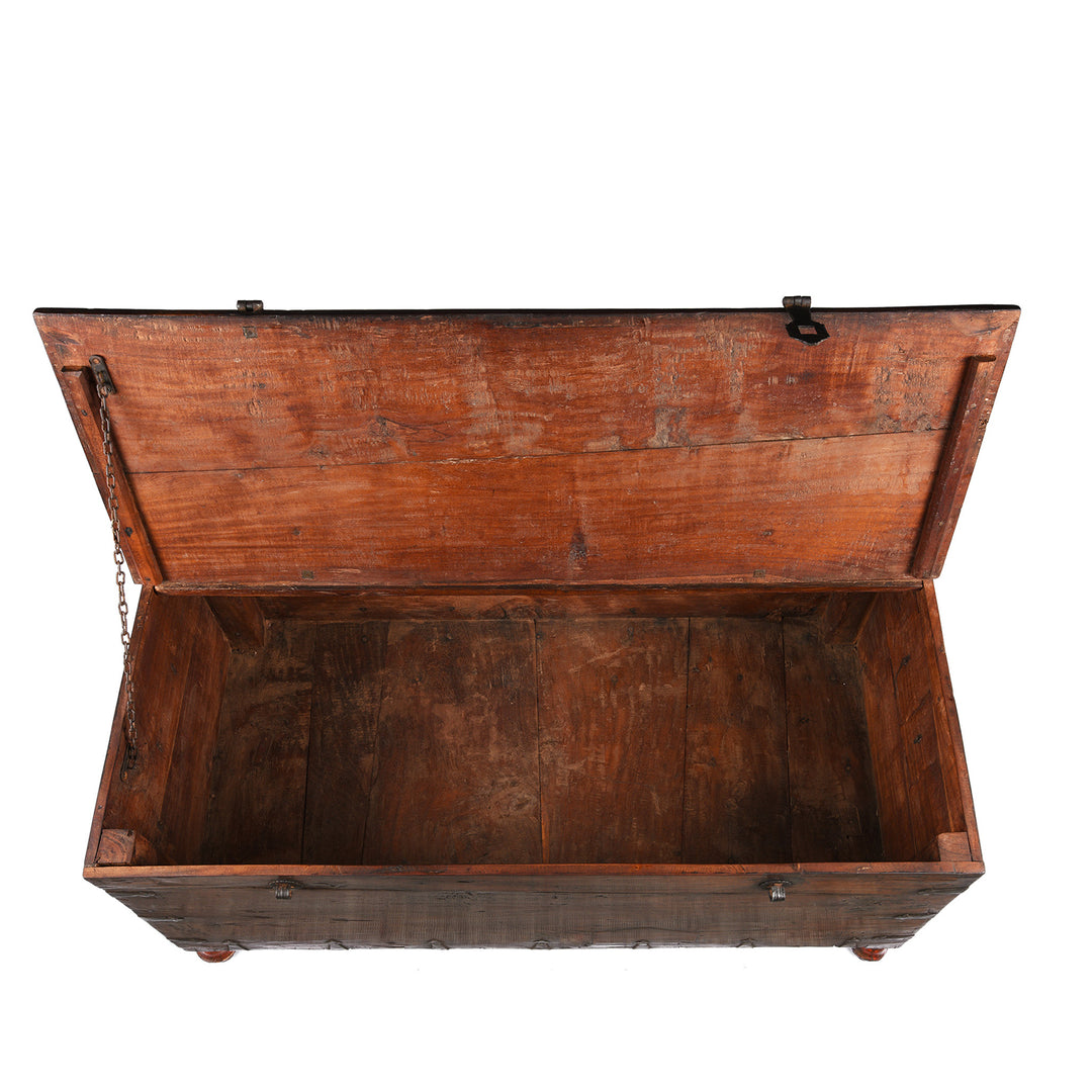 Open Lid View Of Antique Carved Roheda Wood Dowry Chest From Rajasthan - 19th Century | Indigo Antiques