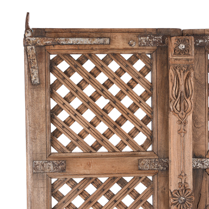 Corner Detail From Antique Carved Teak Jali Doors From Bikaner - 19th Century | INDIGO ANTIQUES