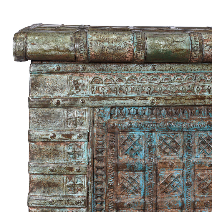 Corner Detail From Antique Painted Indian 'Pithara' Chest From Saurashtra - 18th Century | Indigo Antiques