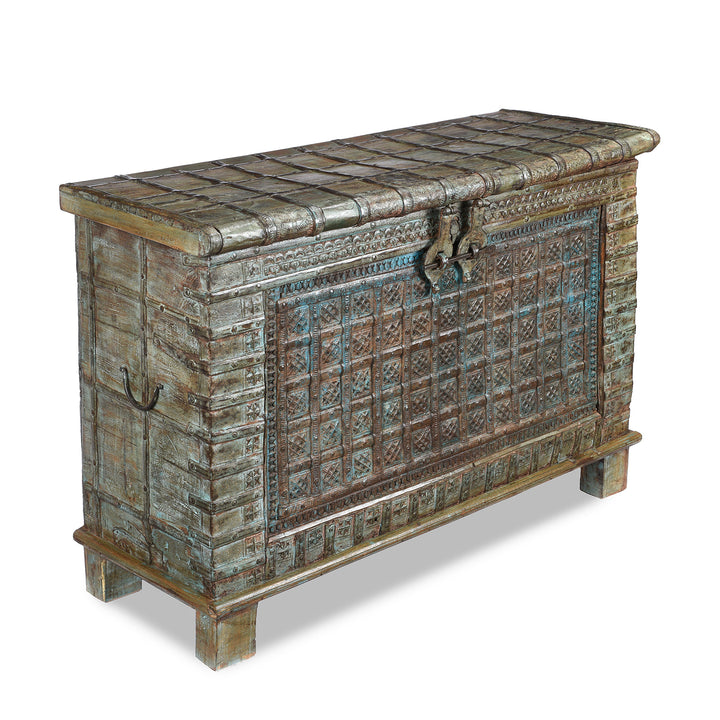 Angled View Of Antique Painted Indian 'Pithara' Chest From Saurashtra - 18th Century | Indigo Antiques