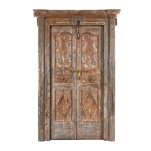 Carved Door With Original Paint From Gujarat - 19th Century