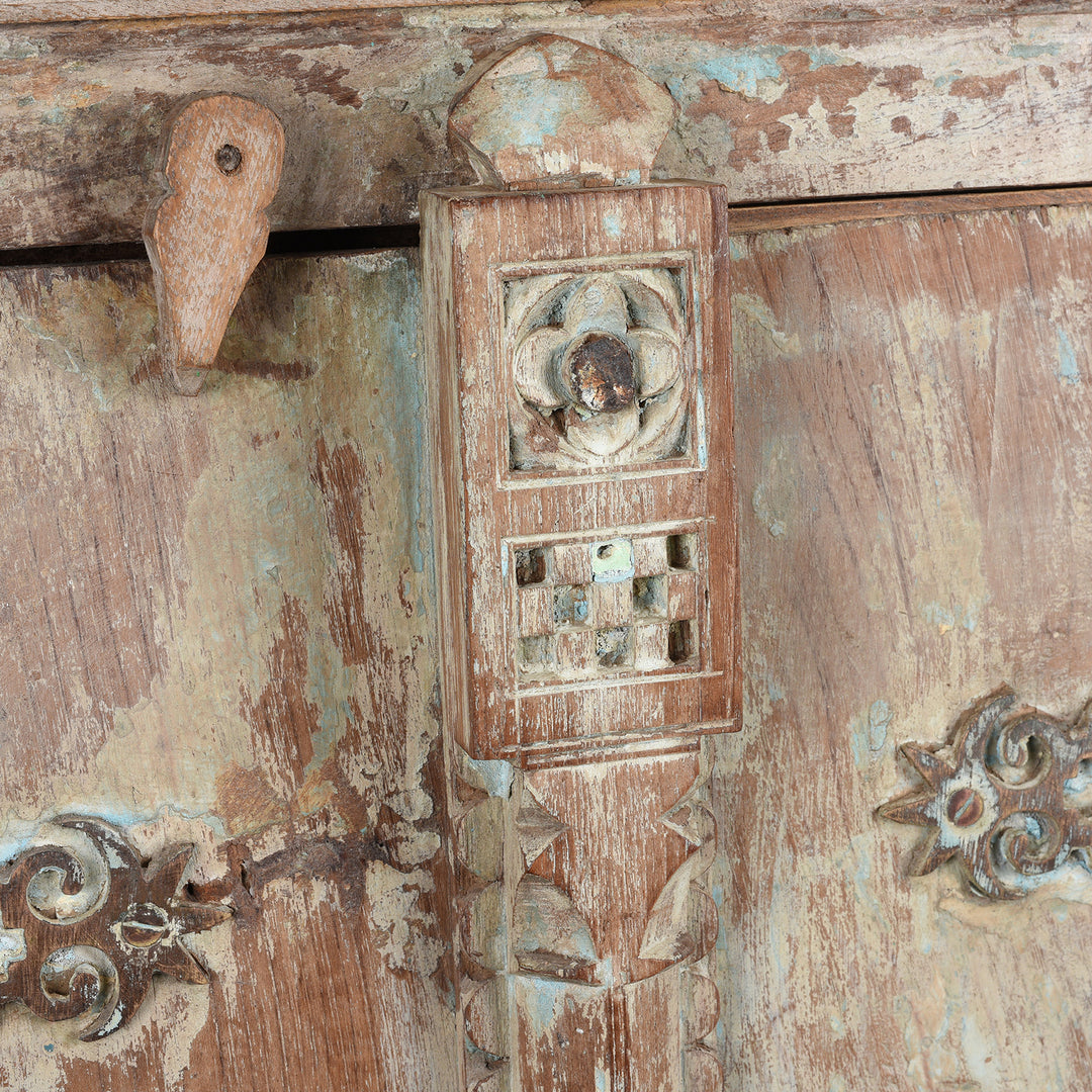 Latch and Carving Detail From Reclaimed Teak Side Cabinet With Painted Finish | Indigo Antiques