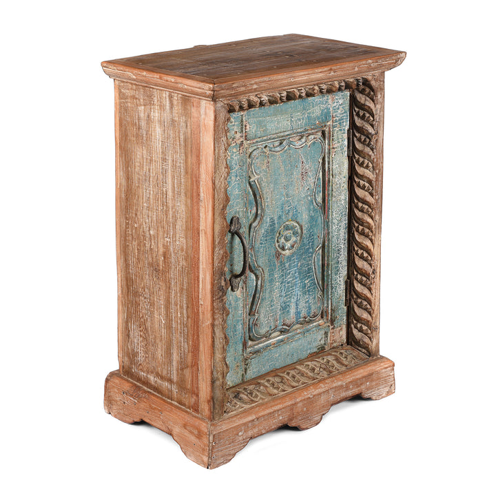 Angled View Of Bedside Cabinet Made From Reclaimed Carved Teak | Indigo Antiques
