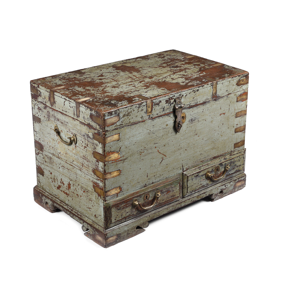 Angled View Of Antique Painted Brass Bound Military Chest From Rajasthan -19th Century | Indigo Antiques