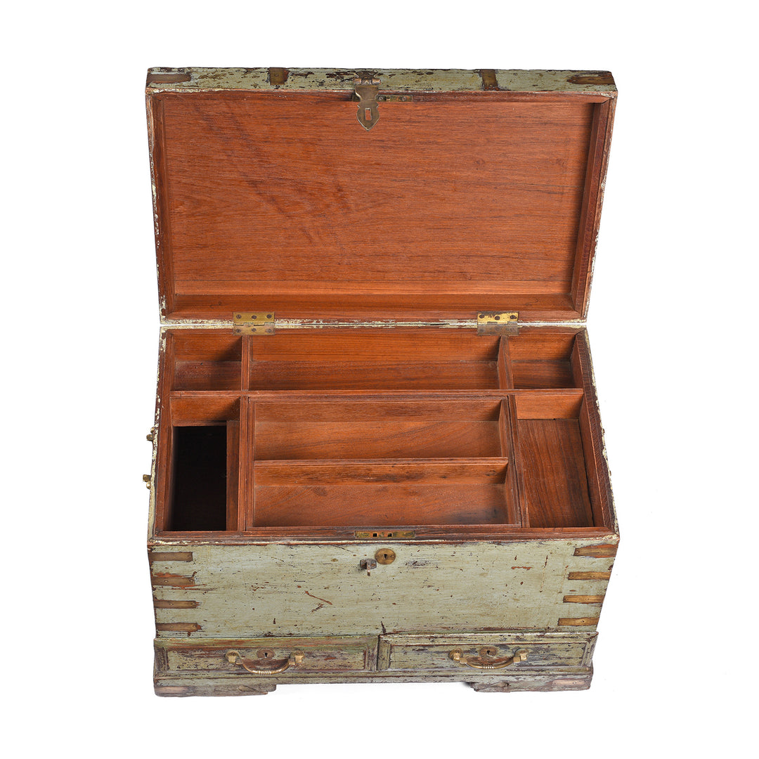 Open Lid View Of Antique Painted Brass Bound Military Chest From Rajasthan -19th Century | Indigo Antiques