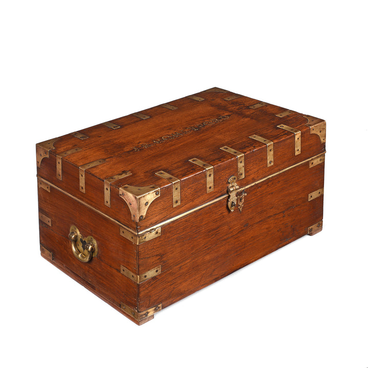 Angled View Of Antique Brass Bound Teak Indian Military Chest From Rajasthan -19th Century | Indigo Antiques