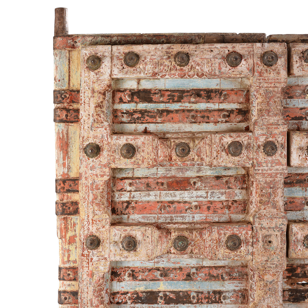 Corner Detail From Antique Pink Painted Teak Door From Gujarat - 18th Century | Indigo Antiques