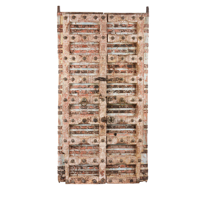 No Stand View Of Antique Pink Painted Teak Door From Gujarat - 18th Century | Indigo Antiques