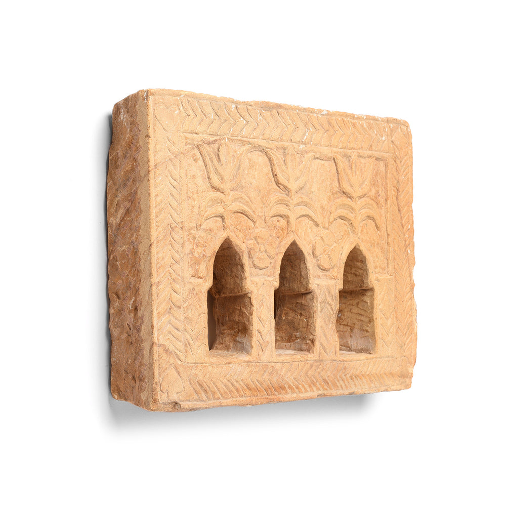 Angled View Of Antique Old 3 Way Stone Lamp Niche From Jaisalmer - 19th Century | Indigo Antiques