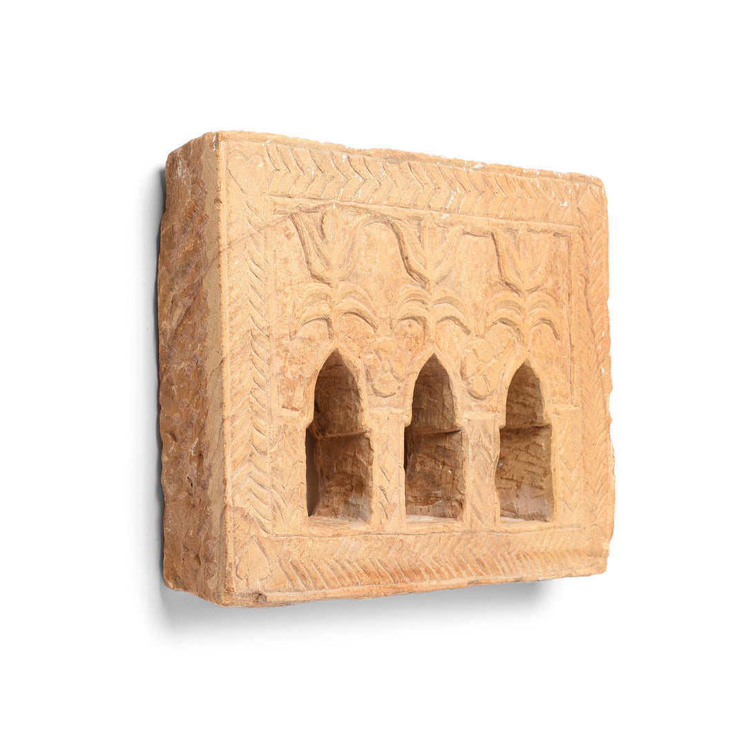 Angled View Of Antique Old 3 Way Stone Lamp Niche From Jaisalmer - 19th Century | Indigo Antiques