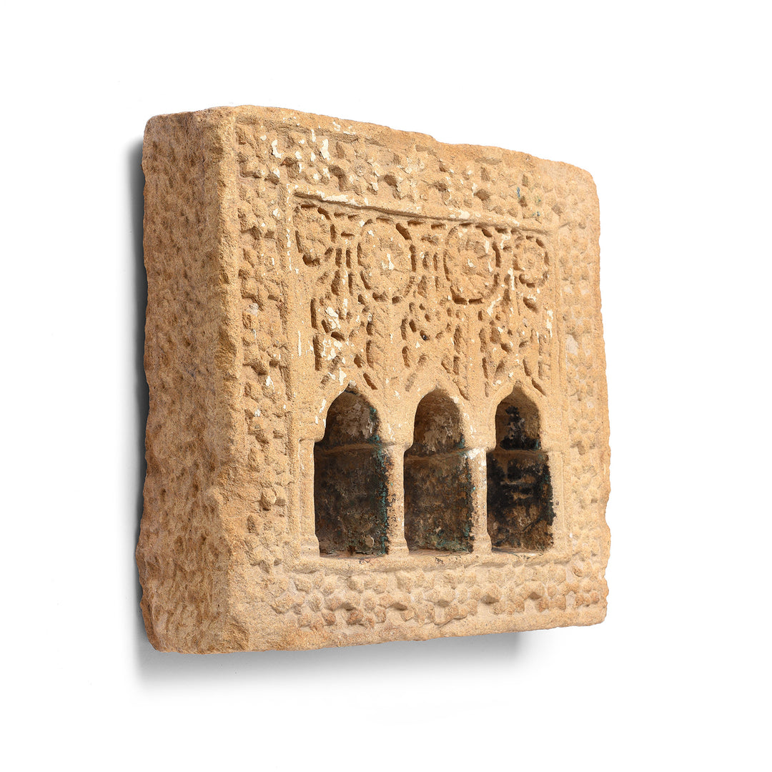 Angled VIew Of Antique Old 3 Way Stone Lamp Niche From Jaisalmer - 19th Century | Indigo Antiques
