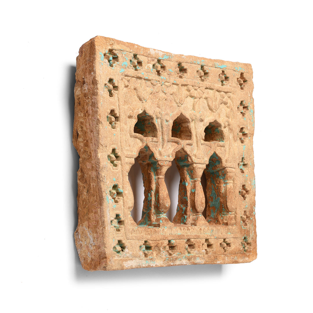 Angled View Of Antique Old 3 Way Stone Lamp Niche From Jaisalmer - 19th Century | Indigo Antiques