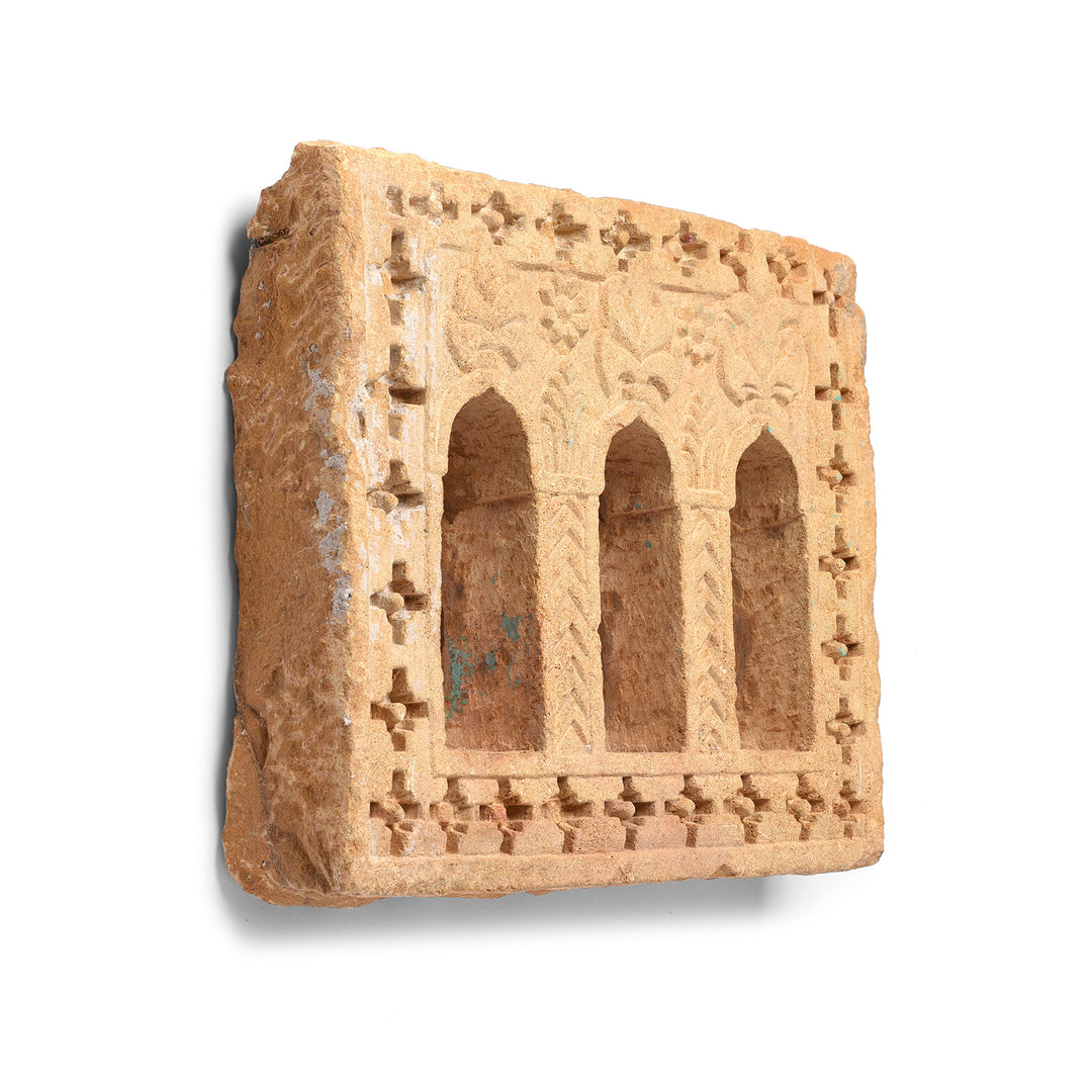 Angled View Of Antique Old 3 Way Stone Lamp Niche From Jaisalmer - 19Th Century | Indigo Antiques