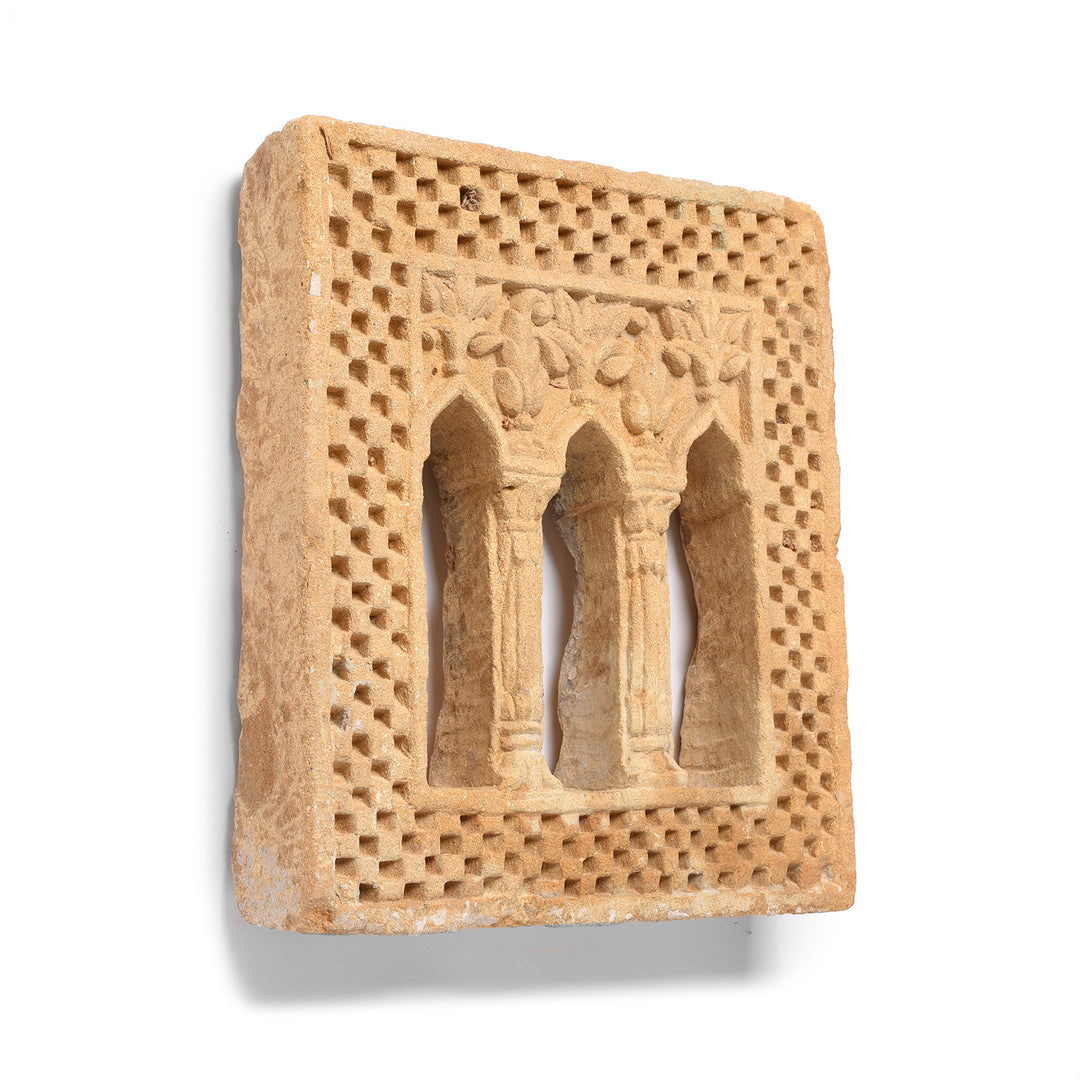 Angled View Of Antique Old 3 Way Stone Lamp Niche From Jaisalmer - 19th Century | Indigo Antiques