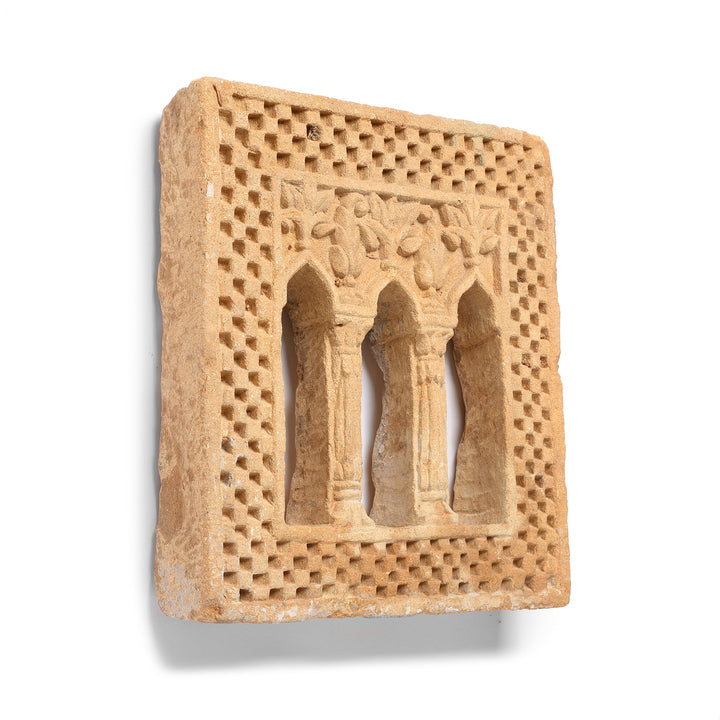 Angled View Of Antique Old 3 Way Stone Lamp Niche From Jaisalmer - 19th Century | Indigo Antiques